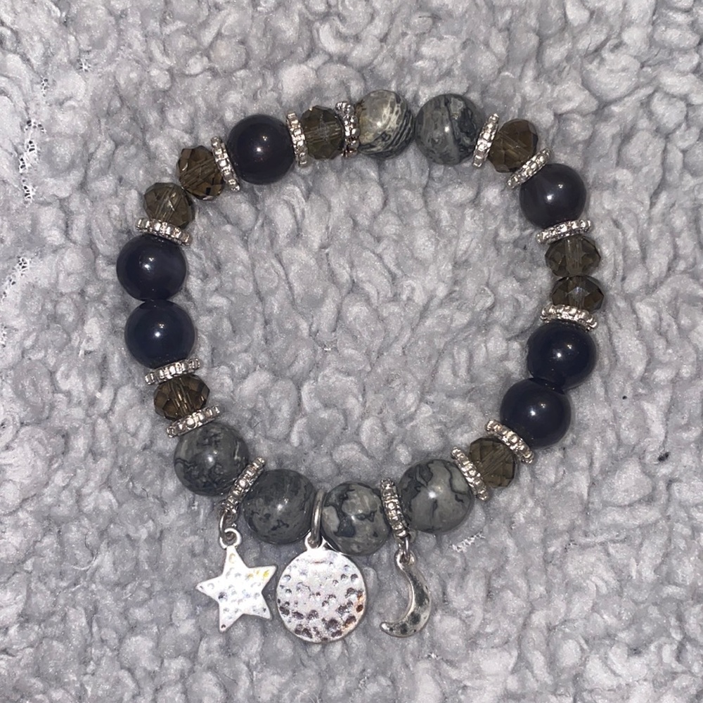 Sterling silver moon and stars grey bead bracelet
